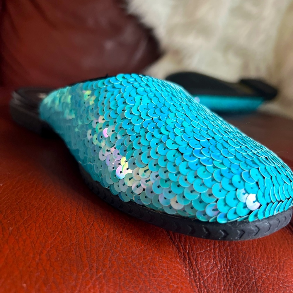 Diane Gilman Aqua Blue Sequined Slipper Flats Women’s Size 7 - Picture 5 of 8